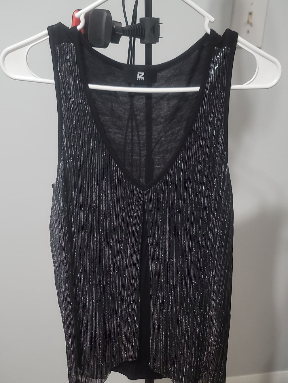 Iz Byer Black Metallic Pleated V-Neck Tank